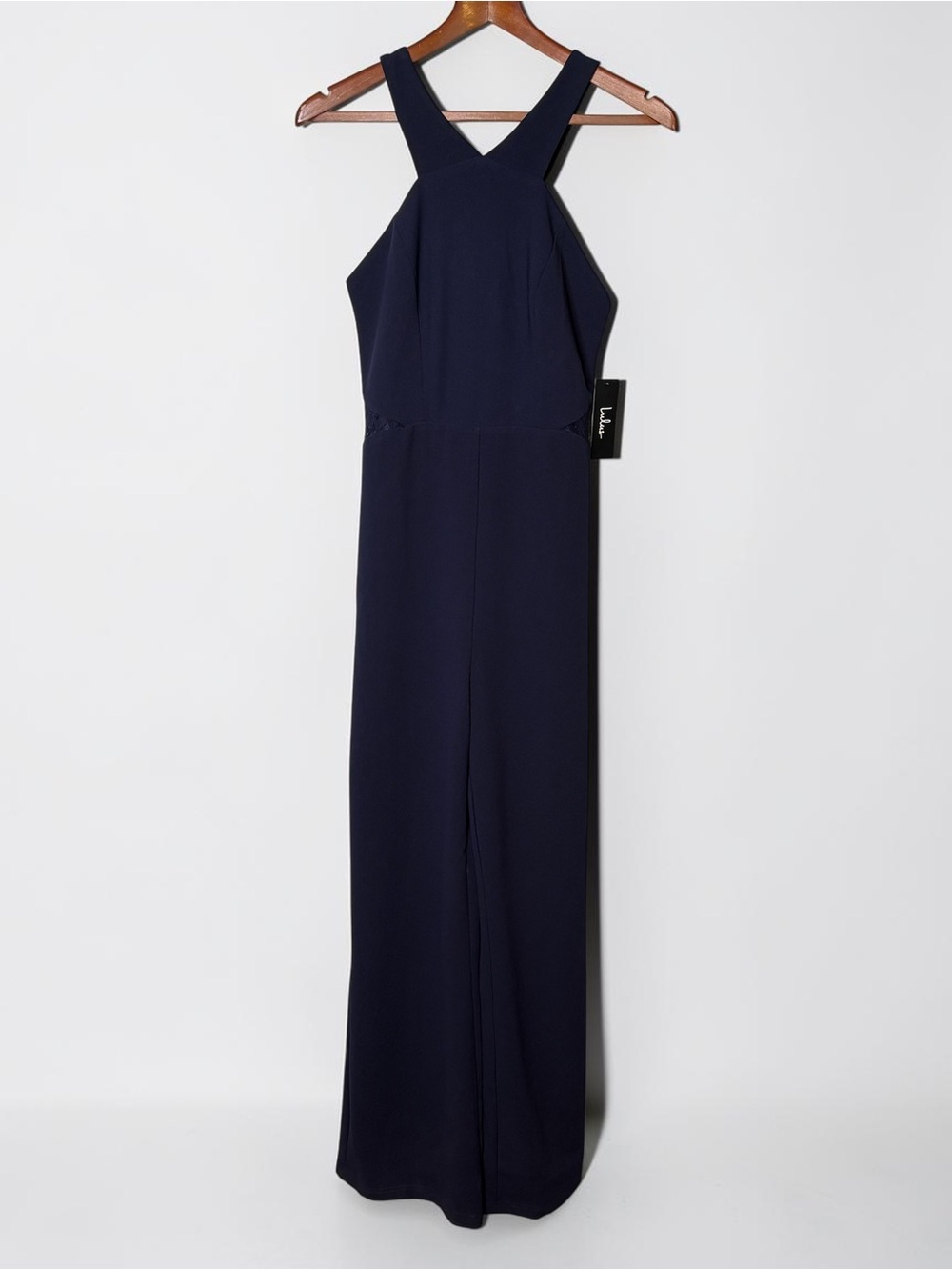 NWT Lulus Treat You Well Navy Blue Lace Halter Wide Leg Jumpsuit Size M - Picture 5 of 15